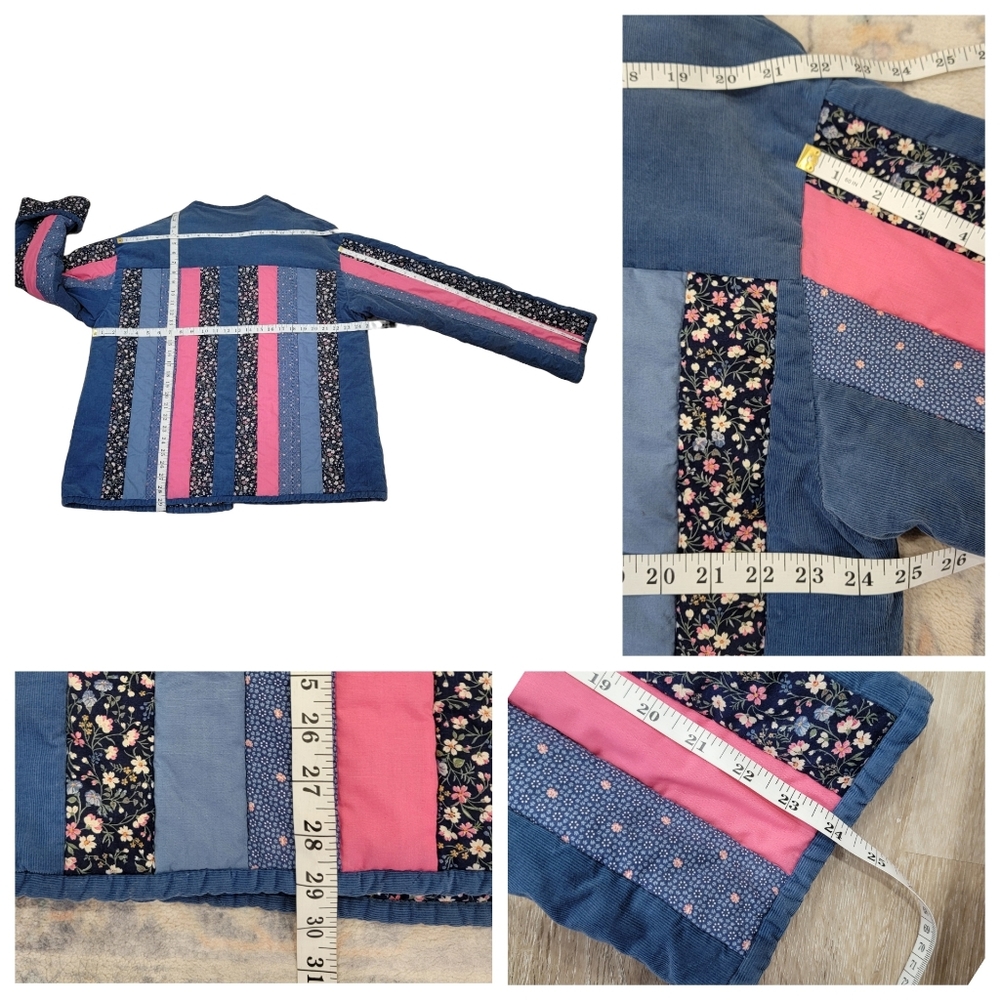 VTG Handmade Reversible Quilted Jacket Patchwork Corduroy Floral Blue Pink XXL - Picture 11 of 17